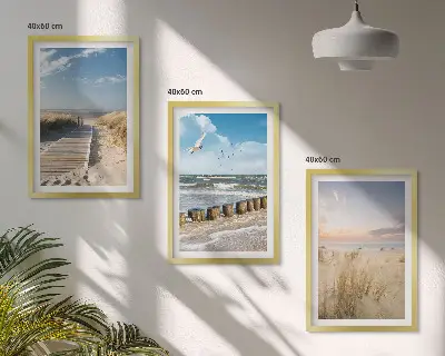 3er-Set Bilder mit Rahmen Motiv Strand mit Sand, Wellen, Himmel und Vögeln