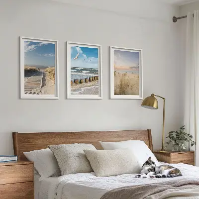 3er-Set Bilder mit Rahmen Motiv Strand mit Sand, Wellen, Himmel und Vögeln