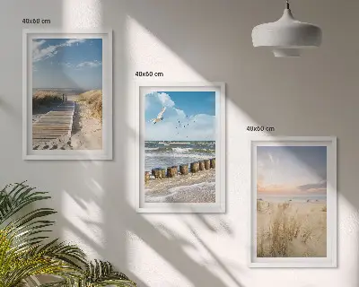 3er-Set Bilder mit Rahmen Motiv Strand mit Sand, Wellen, Himmel und Vögeln