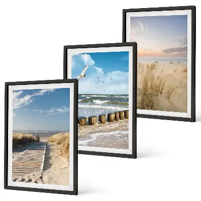 3er-Set Bilder mit Rahmen Motiv Strand mit Sand, Wellen, Himmel und Vögeln