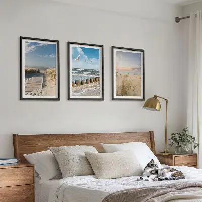3er-Set Bilder mit Rahmen Motiv Strand mit Sand, Wellen, Himmel und Vögeln