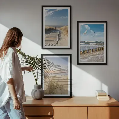 3er-Set Bilder mit Rahmen Motiv Strand mit Sand, Wellen, Himmel und Vögeln