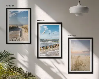 3er-Set Bilder mit Rahmen Motiv Strand mit Sand, Wellen, Himmel und Vögeln