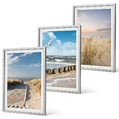 3er-Set Bilder mit Rahmen Motiv Strand mit Sand, Wellen, Himmel und Vögeln