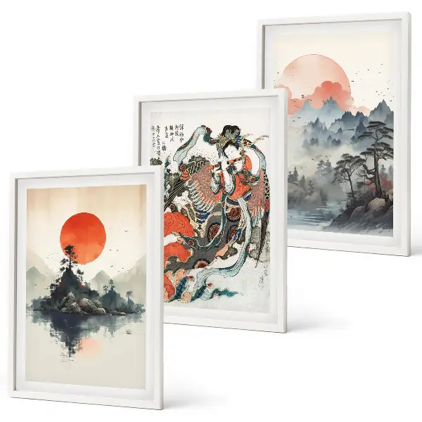 Asiatische Japandi-Wandbilder gerahmtes Bilderset