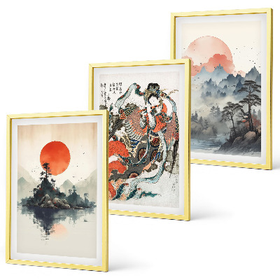 Gerahmtes bilderset Asiatische Japandi-Malereien