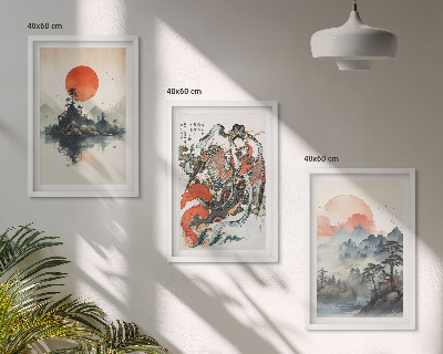 Gerahmtes bilderset Asiatische Japandi-Malereien