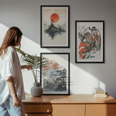 Gerahmtes bilderset Asiatische Japandi-Malereien