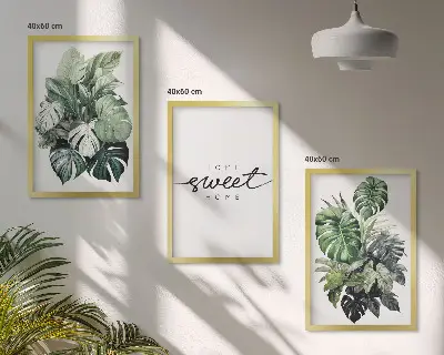 3er-Set Bilder mit Rahmen Pflanzen-Motiv mit Schriftzug Sweet Home