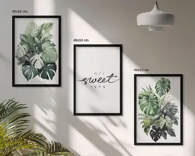 3er-Set Bilder mit Rahmen Pflanzen-Motiv mit Schriftzug Sweet Home