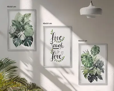 Gerahmtes Bilderset mit Blattpflanzen-Motiven Leben Lachen Lieben