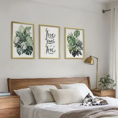 Gerahmtes Bilderset mit Blattpflanzen-Motiven Leben Lachen Lieben