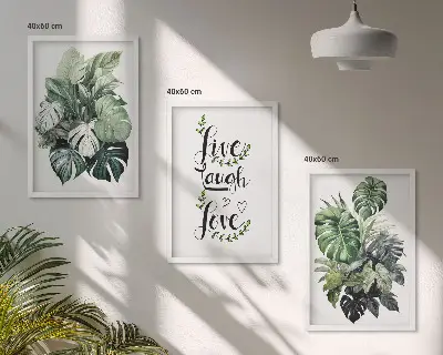 Gerahmtes Bilderset mit Blattpflanzen-Motiven Leben Lachen Lieben