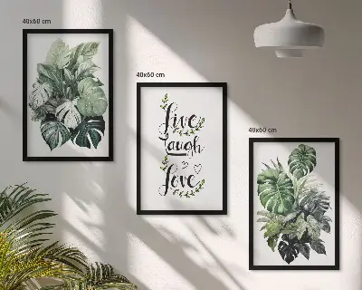 Gerahmtes Bilderset mit Blattpflanzen-Motiven Leben Lachen Lieben