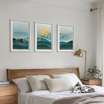 Abstrakte Sonnenuntergangslandschaften 3er-Set mit Rahmen