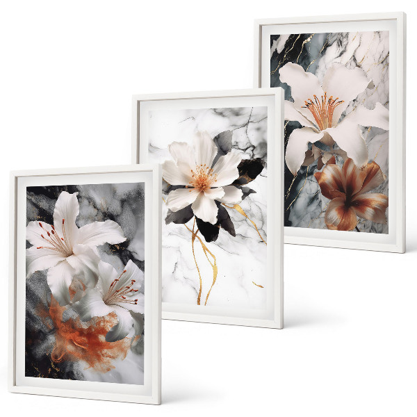 Bilder-3er-set mit rahmen Blumen Marmor weiß schwarz