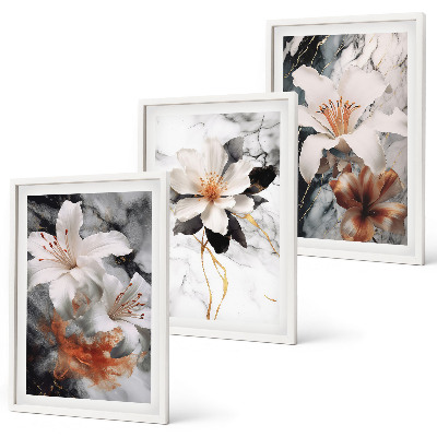 Bilder-3er-set mit rahmen Blumen Marmor weiß schwarz
