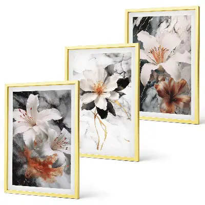 Blumen Marmor weiß schwarz 3er-Set Bilder mit Rahmen