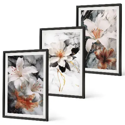 Blumen Marmor weiß schwarz 3er-Set Bilder mit Rahmen