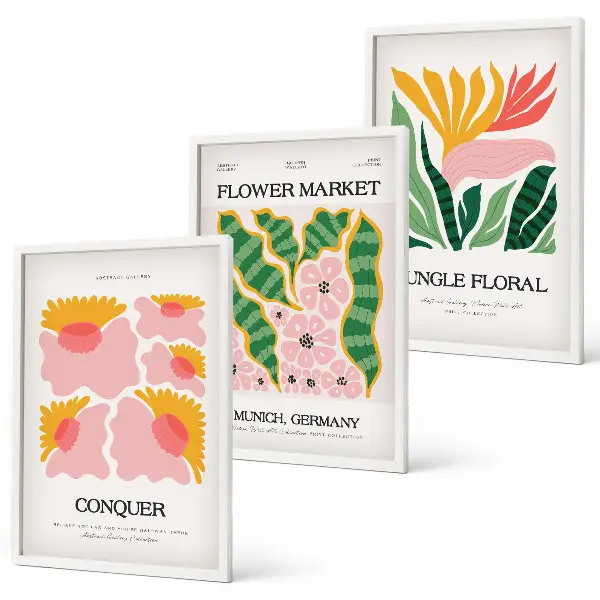 Blumen und Blätter Poster Set modernes 3er Set mit Rahmen