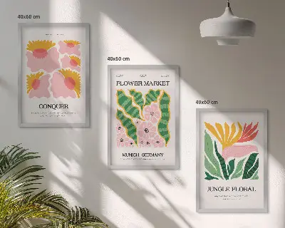 Blumen und Blätter Poster Set modernes 3er Set mit Rahmen
