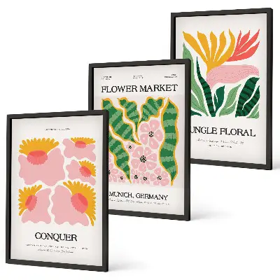 Blumen und Blätter Poster Set modernes 3er Set mit Rahmen
