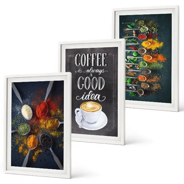 Gerahmtes Bilderset mit Motiven von Gewürzen, Kaffee, Kräutern und Mustern