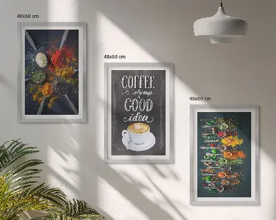Gerahmtes Bilderset mit Motiven von Gewürzen, Kaffee, Kräutern und Mustern