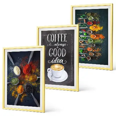 Gerahmtes Bilderset mit Motiven von Gewürzen, Kaffee, Kräutern und Mustern