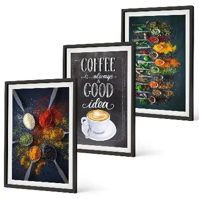 Gerahmtes Bilderset mit Motiven von Gewürzen, Kaffee, Kräutern und Mustern