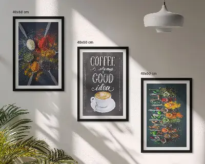 Gerahmtes Bilderset mit Motiven von Gewürzen, Kaffee, Kräutern und Mustern