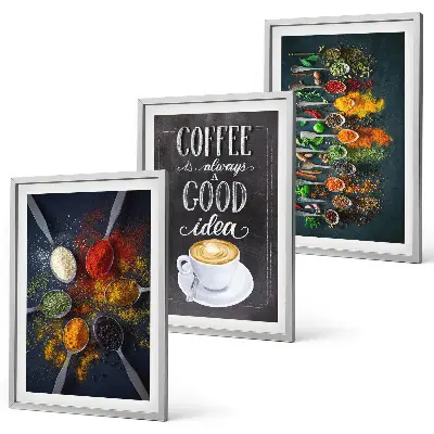 Gerahmtes Bilderset mit Motiven von Gewürzen, Kaffee, Kräutern und Mustern