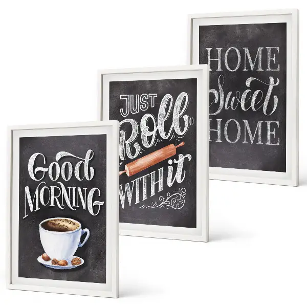 Bilder-3er-Set mit Rahmen mit Motiven und Inschriften für die Küche