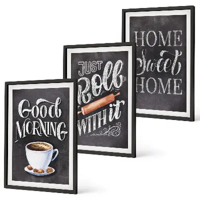 Bilder-3er-Set mit Rahmen mit Motiven und Inschriften für die Küche