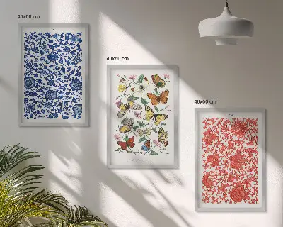 Gerahmtes Bilderset mit Vintage-Blumen- und Schmetterlings-Ornamenten