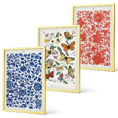 Gerahmtes Bilderset mit Vintage-Blumen- und Schmetterlings-Ornamenten