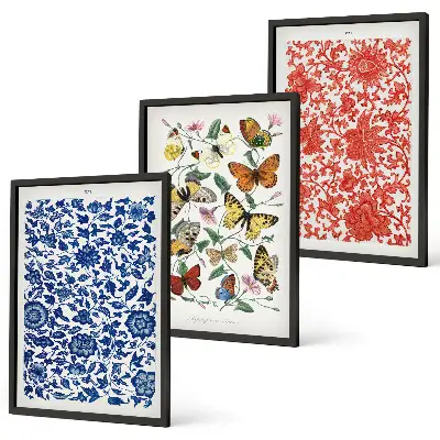 Gerahmtes Bilderset mit Vintage-Blumen- und Schmetterlings-Ornamenten