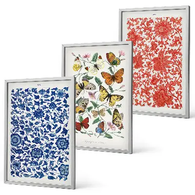 Gerahmtes Bilderset mit Vintage-Blumen- und Schmetterlings-Ornamenten