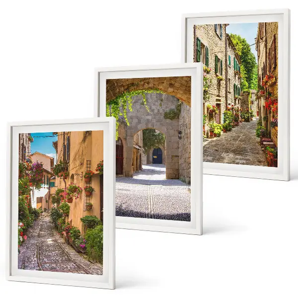 3er-Set Bilder mit Rahmen italienische Straßen, Blumen und Architektur
