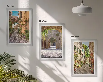 3er-Set Bilder mit Rahmen italienische Straßen, Blumen und Architektur