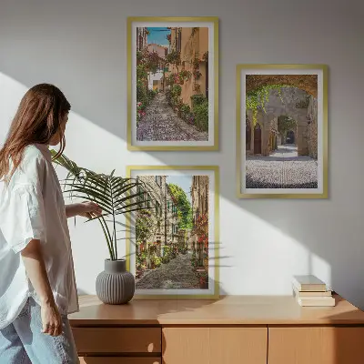 3er-Set Bilder mit Rahmen italienische Straßen, Blumen und Architektur