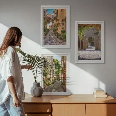 3er-Set Bilder mit Rahmen italienische Straßen, Blumen und Architektur