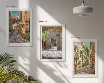 3er-Set Bilder mit Rahmen italienische Straßen, Blumen und Architektur