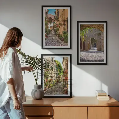 3er-Set Bilder mit Rahmen italienische Straßen, Blumen und Architektur