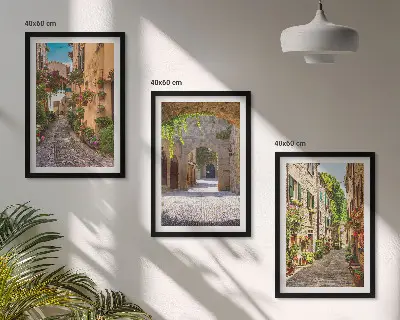 3er-Set Bilder mit Rahmen italienische Straßen, Blumen und Architektur