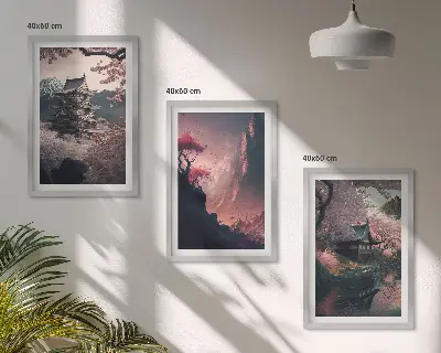 Fantasielandschaften der japanischen Berge Bilder-3er-Set mit Rahmen
