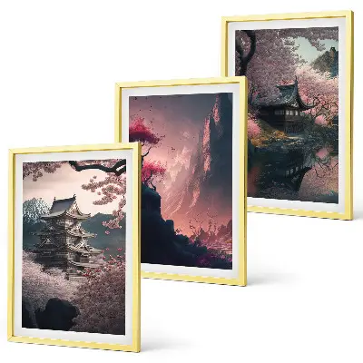 Fantasielandschaften der japanischen Berge Bilder-3er-Set mit Rahmen