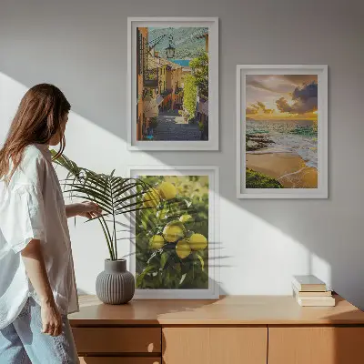 Gerahmtes Bilderset mit Motiven von Straßen, Meer, Strand und Zitrusbäumen