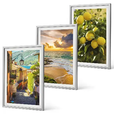 Gerahmtes Bilderset mit Motiven von Straßen, Meer, Strand und Zitrusbäumen