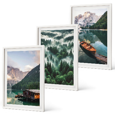 Gerahmtes bilderset Bergsee, Boot, Waldnebel